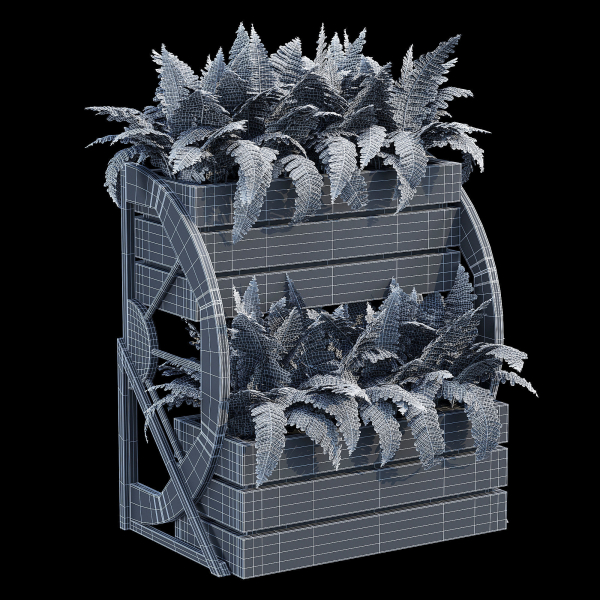 Wagon wooden planter with ferns in it