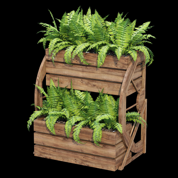Wagon wooden planter with ferns in it