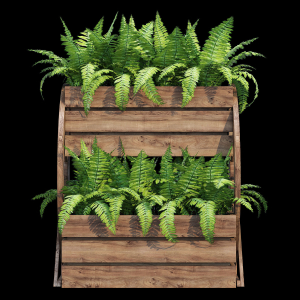 Wagon wooden planter with ferns in it