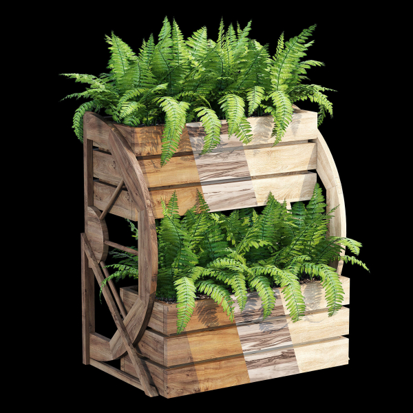 Wagon wooden planter with ferns in it