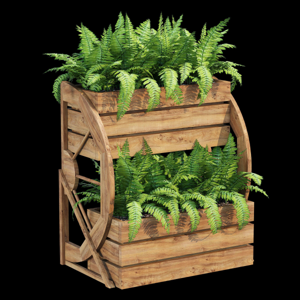 Wagon wooden planter with ferns in it