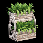 Wagon wooden planter with ferns in it