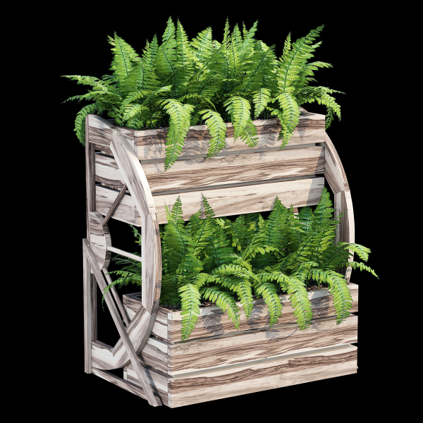 Wagon wooden planter with ferns in it