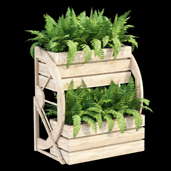 Wagon wooden planter with ferns in it