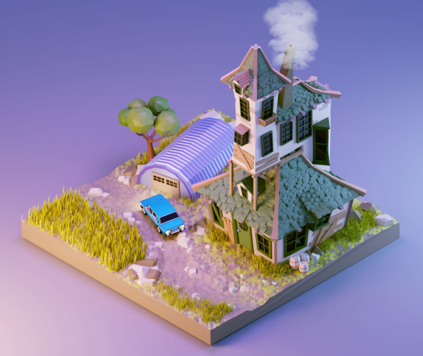 low poly Gameasset3 house with car