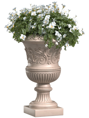 White flowers in a classic vase for decorating the facade