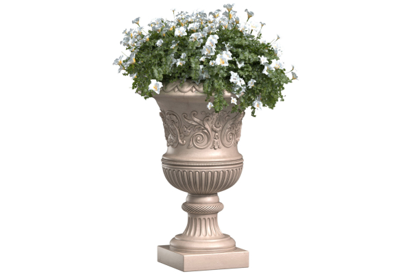 White flowers in a classic vase for decorating the facade