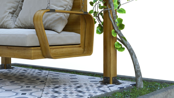 Wooden pergola with hanging sofa