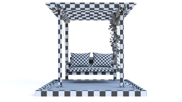 Wooden pergola with hanging sofa
