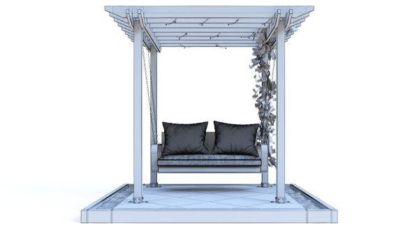 Wooden pergola with hanging sofa