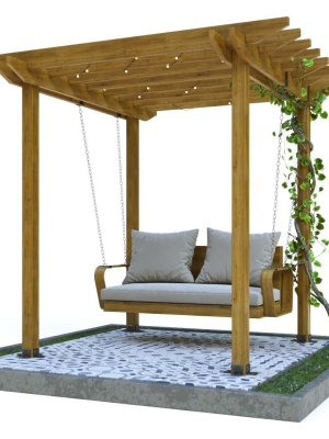 Wooden pergola with hanging sofa