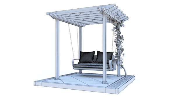 Wooden pergola with hanging sofa
