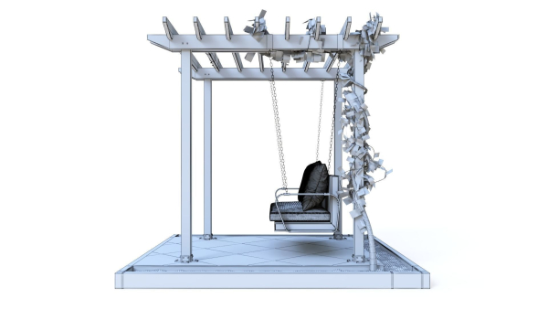 Wooden pergola with hanging sofa