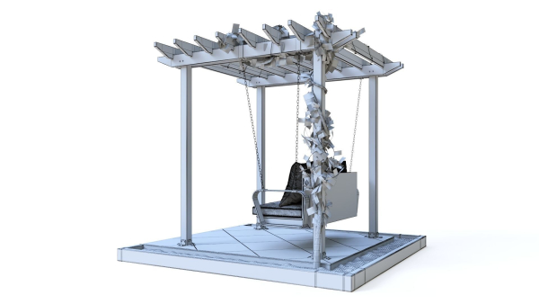 Wooden pergola with hanging sofa