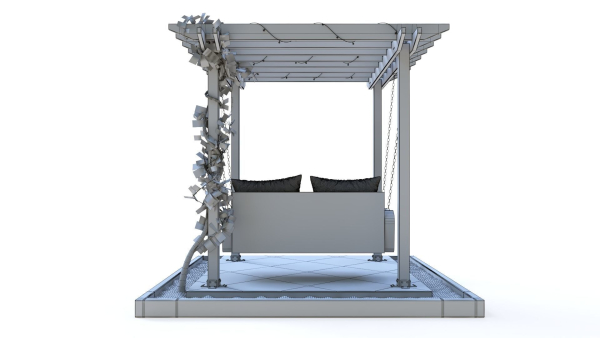 Wooden pergola with hanging sofa