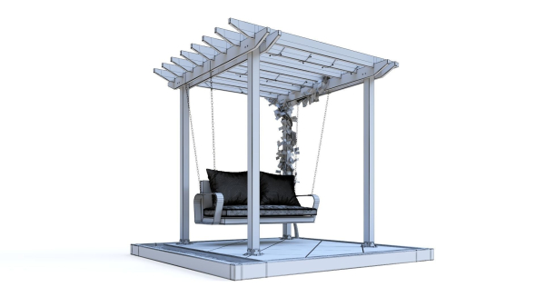 Wooden pergola with hanging sofa