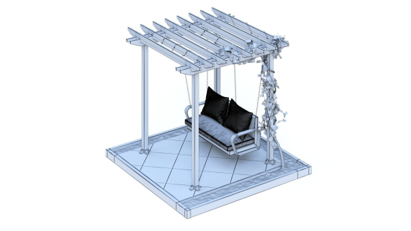 Wooden pergola with hanging sofa