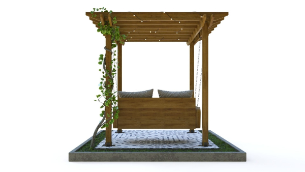 Wooden pergola with hanging sofa