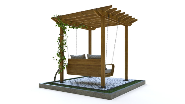 Wooden pergola with hanging sofa
