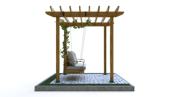Wooden pergola with hanging sofa